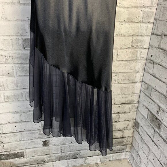 Vintage 90s Black Satin Asymmetric Sheer Ruffle Hem Maxi Slip Dress - Picture 8 of 14